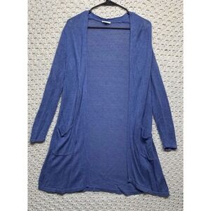 J Jill Eve Long Cardigan Duster Sweater Women M Linen Blend Blue Open Front Knit